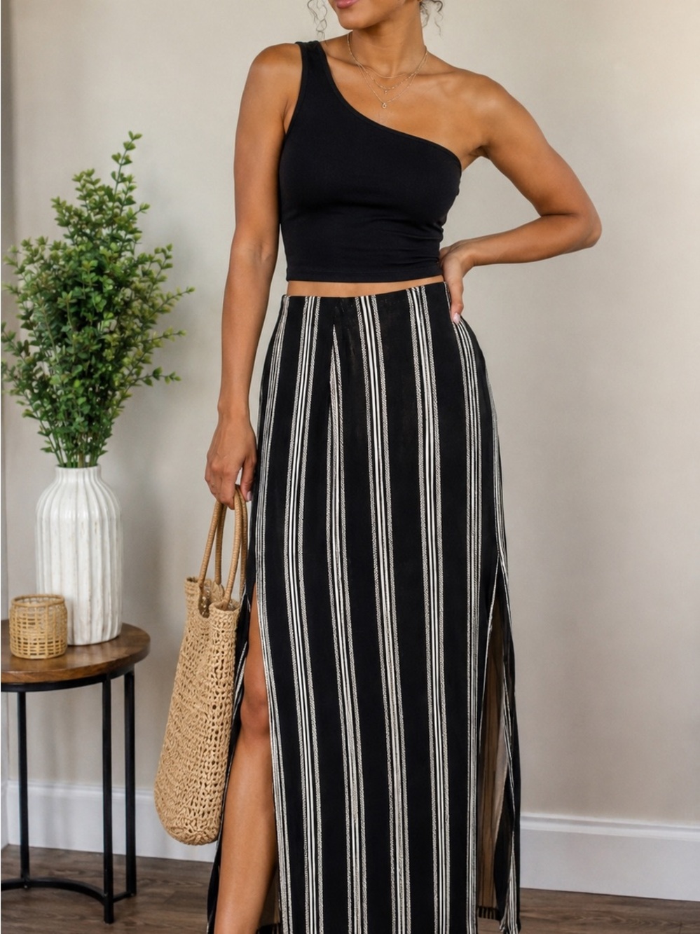 Candie’s XS Black & White Striped Maxi Skirt Double Side Slit